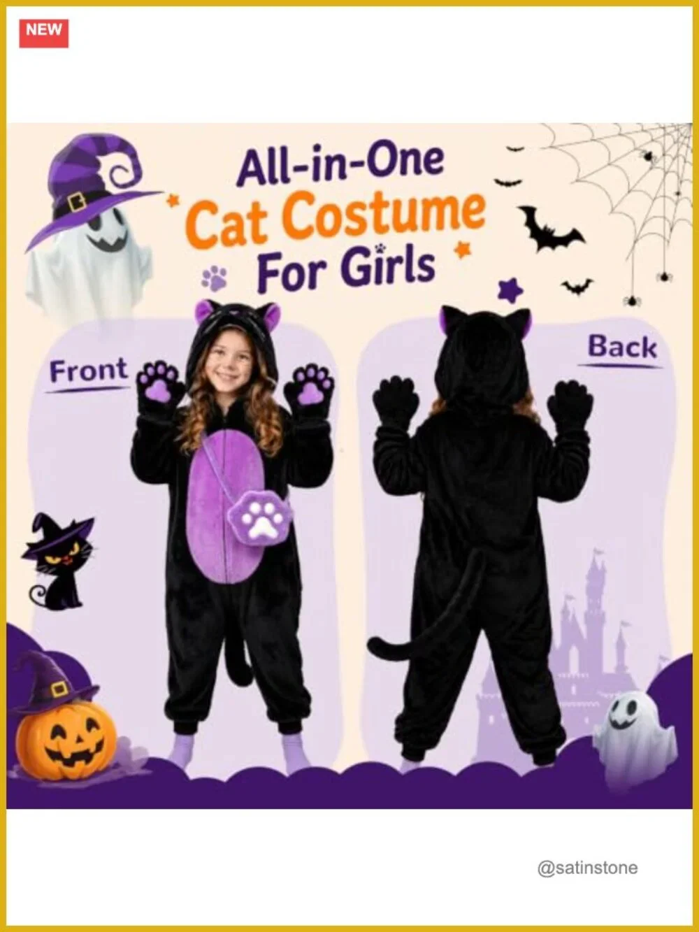 Kids Black Cat Costume with Purse Halloween Dress Up Role Play Flannel